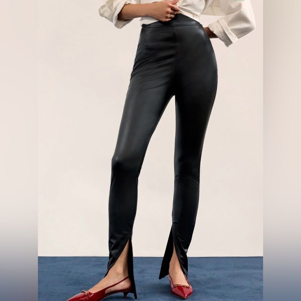 Avec Les Filles Women’s Black Faux Leather Straight Leg Pants w/Leg Slits-Sz 2X